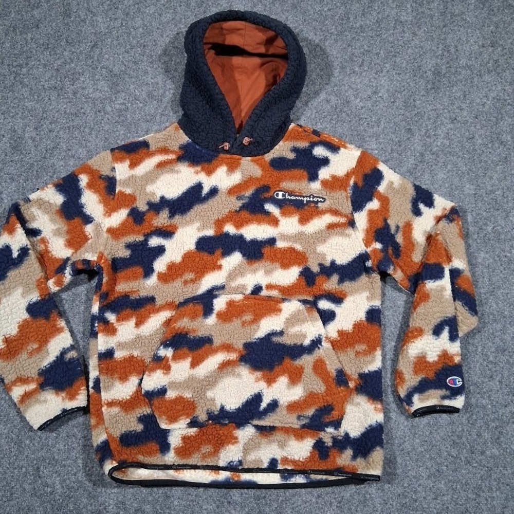 Champion Mens Sherpa Fleece Camo Hoodie Orange Navy S9435P‎ Size Medium